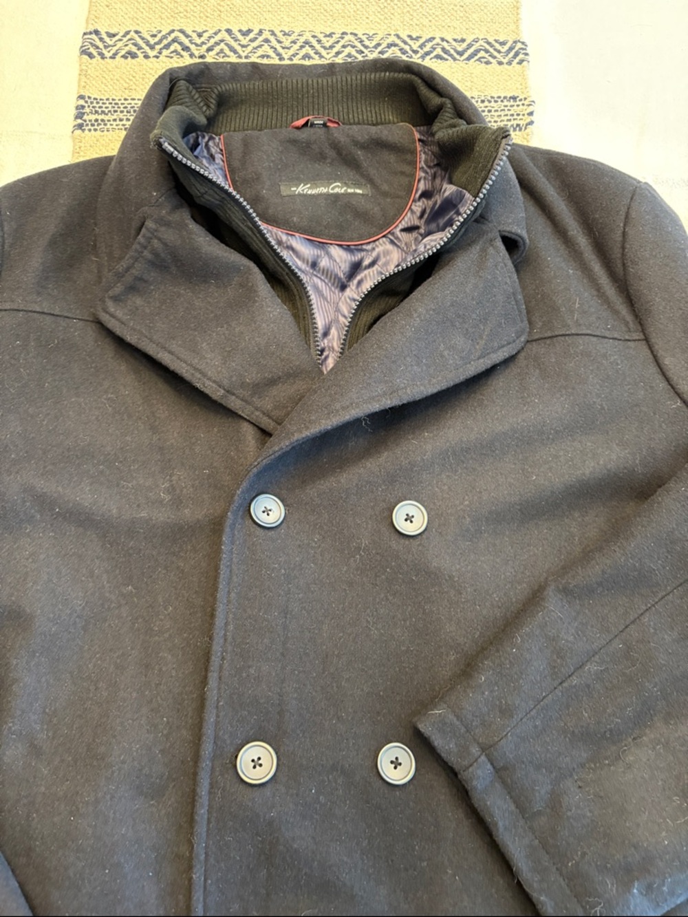 Kenneth Cole Men's Navy Double-Breasted Peacoat with Zip Up Liner